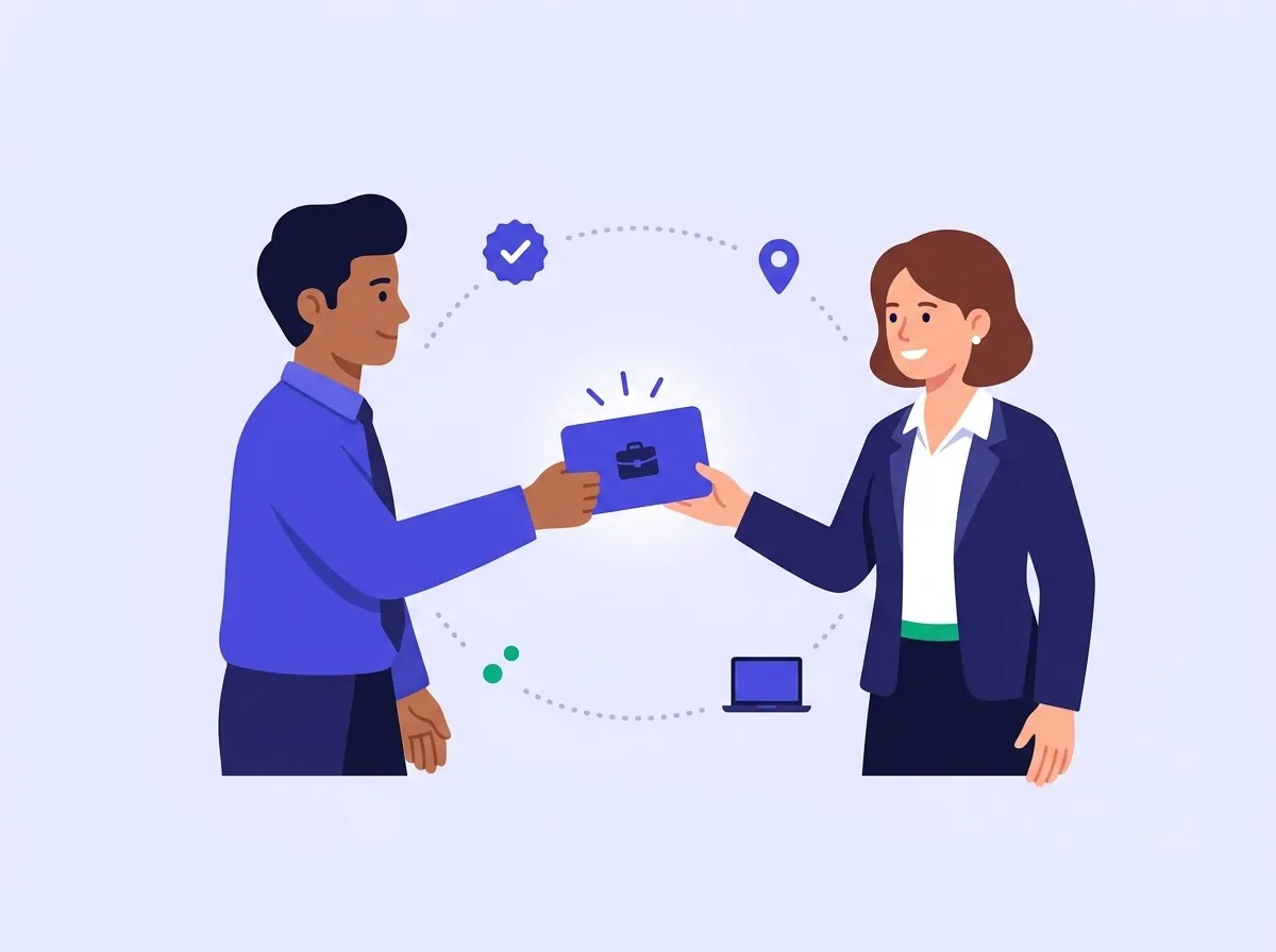Illustration of one professional passing a job opportunity card to another — a job referral