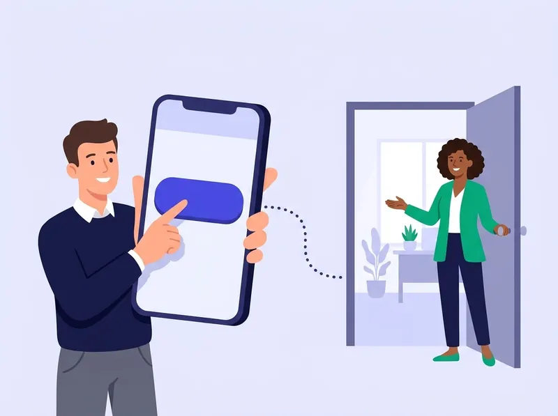 Illustration of a job seeker tapping apply on a phone and being welcomed into a new workplace